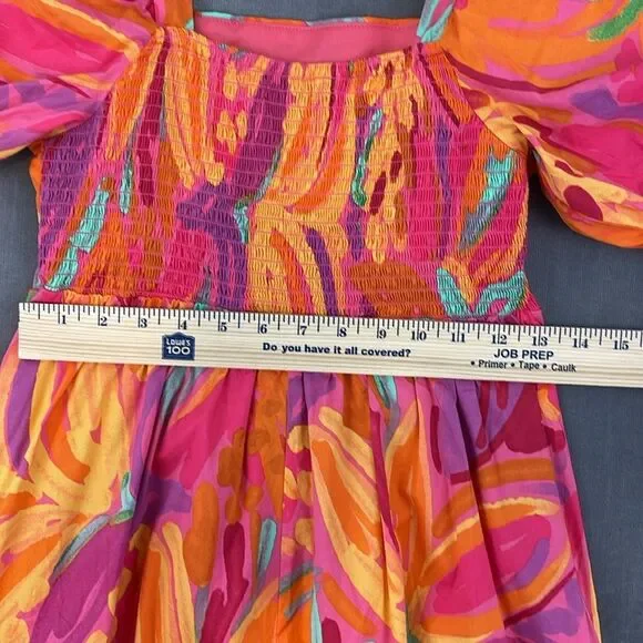 Crystal Sky Brush Pink Floral Tiered Puff Short Sleeve Cotton Midi Dress Size M - Picture 6 of 11